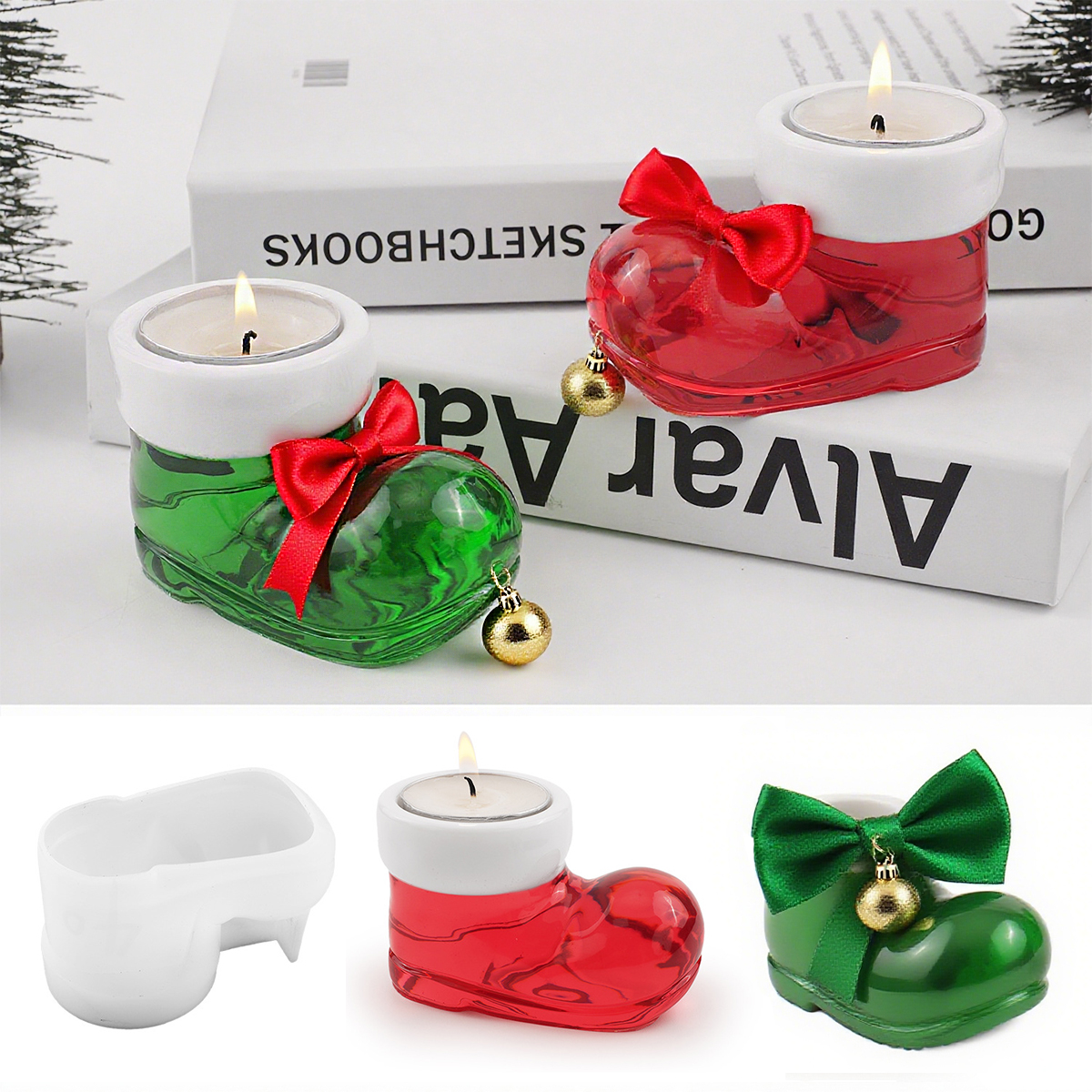 Holiday Candle Set - Christmas Boots Shoes Candle Holder Silicone